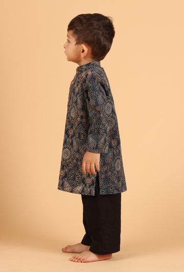 Set Of 2: Gatik Indigo Ajrakh Print Cotton Kurta & Black Pyjama